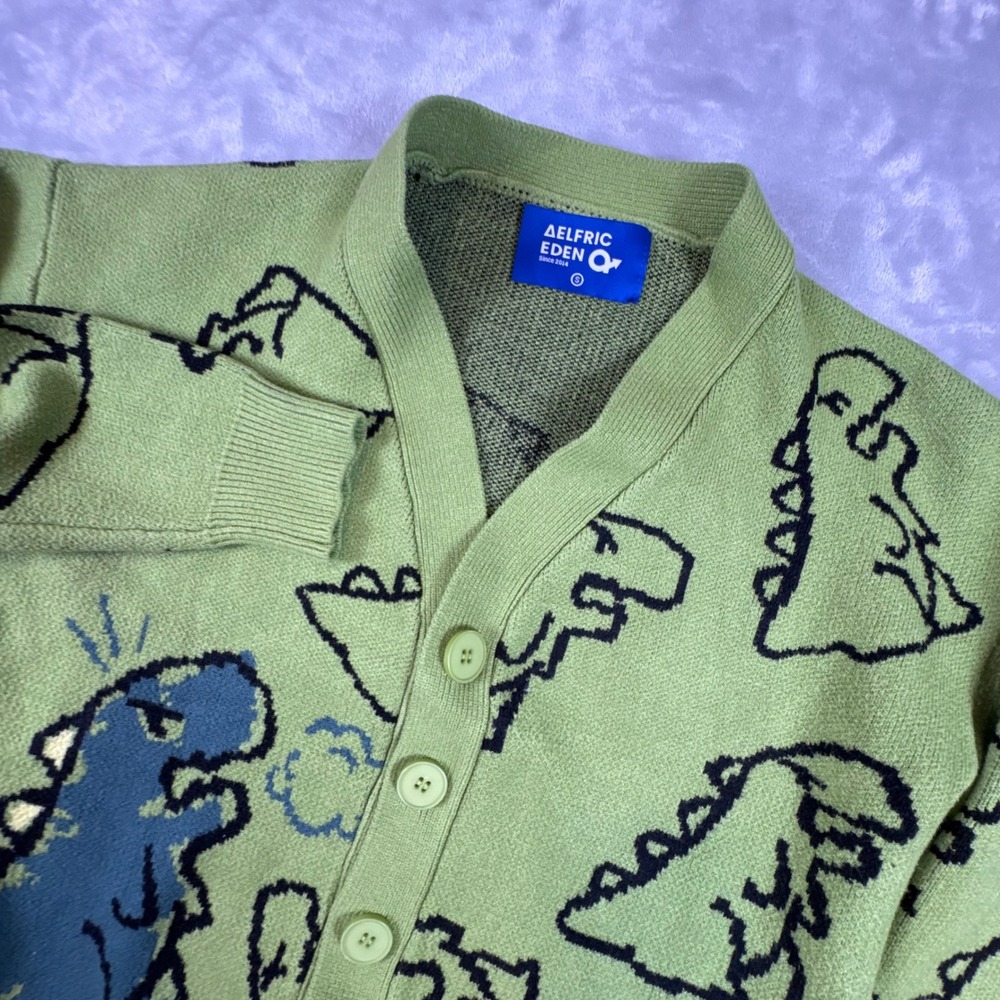 Aelfric Eden Dinosaur Pattern Cardigan Green Sweater Small V-Neck Knit Button*